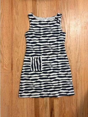 Papillon Blanc Blue White Stripe Textured Shift Dress Button Shoulder Large L